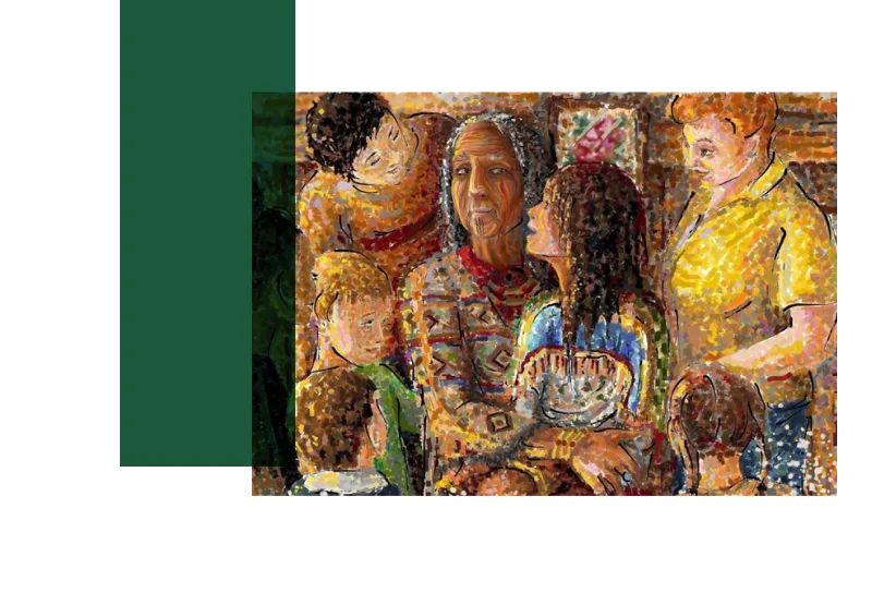 Drawn art of indigenous people in a flowing style