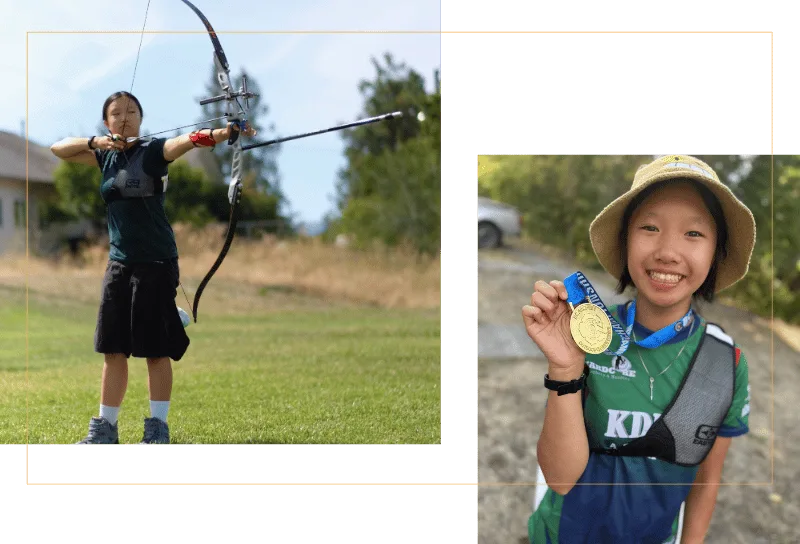 Lily posing in one photo with her bow and in another with a gold medal