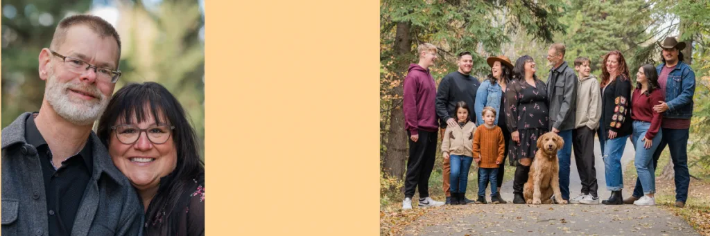 A photo of Toni smiling with her head resting on a man's shoulder and another of her and her family standing in a row