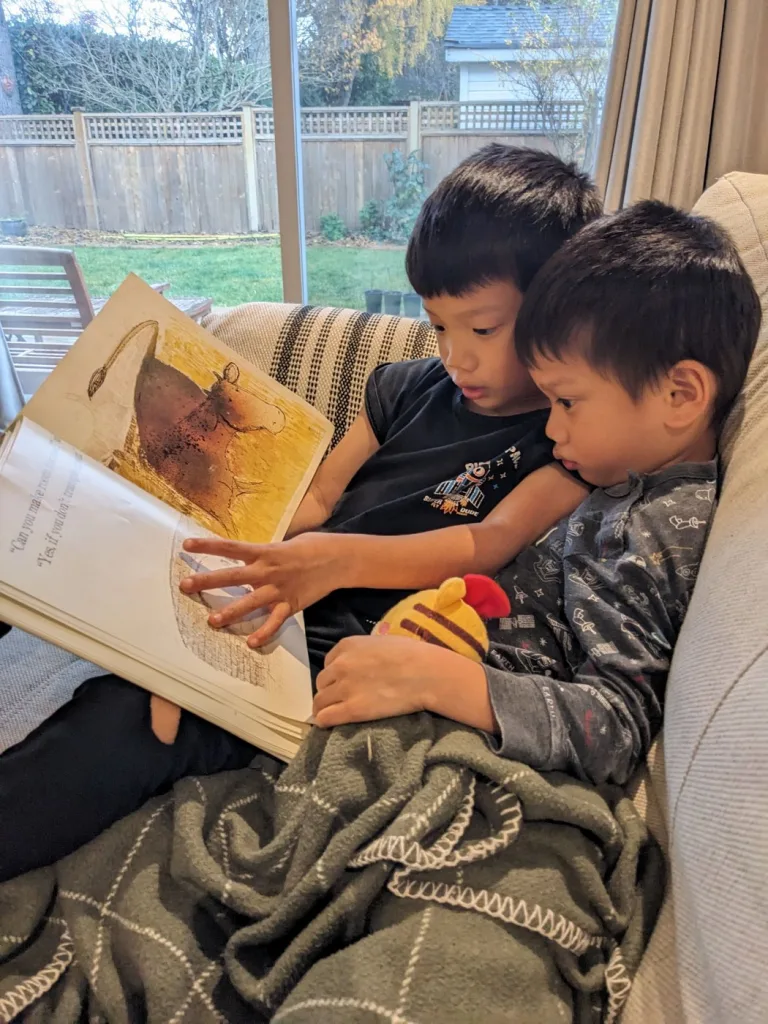 Two young brothers reading a picture book on the couch