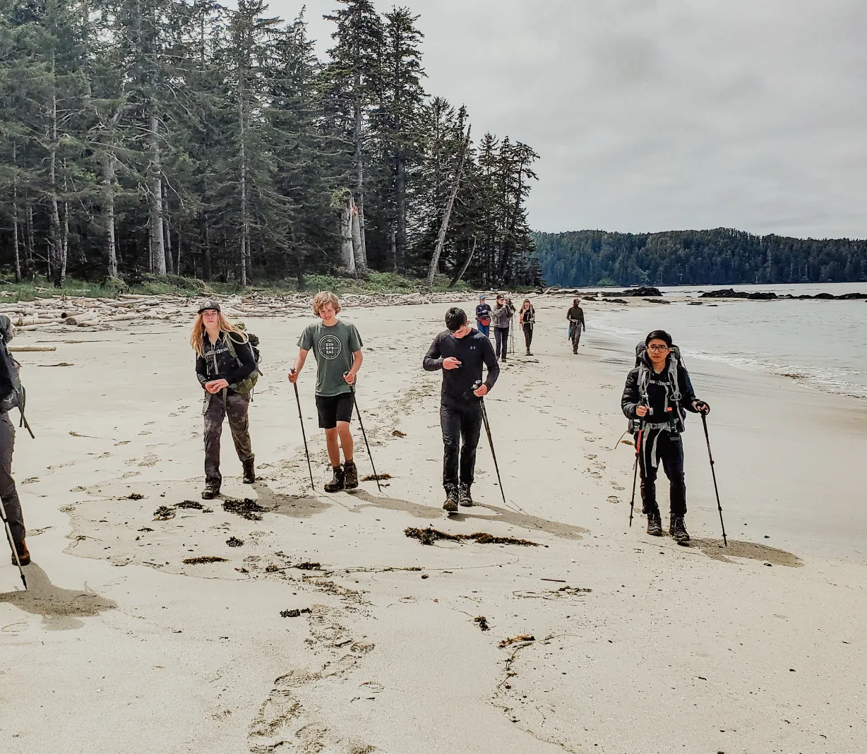 Students hiking along a sandy beach with trekking poles