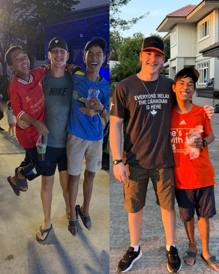 Two photos of Callum. One is him holding a younger boy in a red shirt and standing next to another boy in a blue shirt. Thee other is him standing with a shorter boy in a red shirt